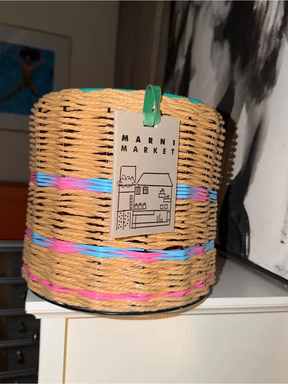 NWT MARNI MARKET BASKET Natural Woven Basket with Pink & Blue Trim